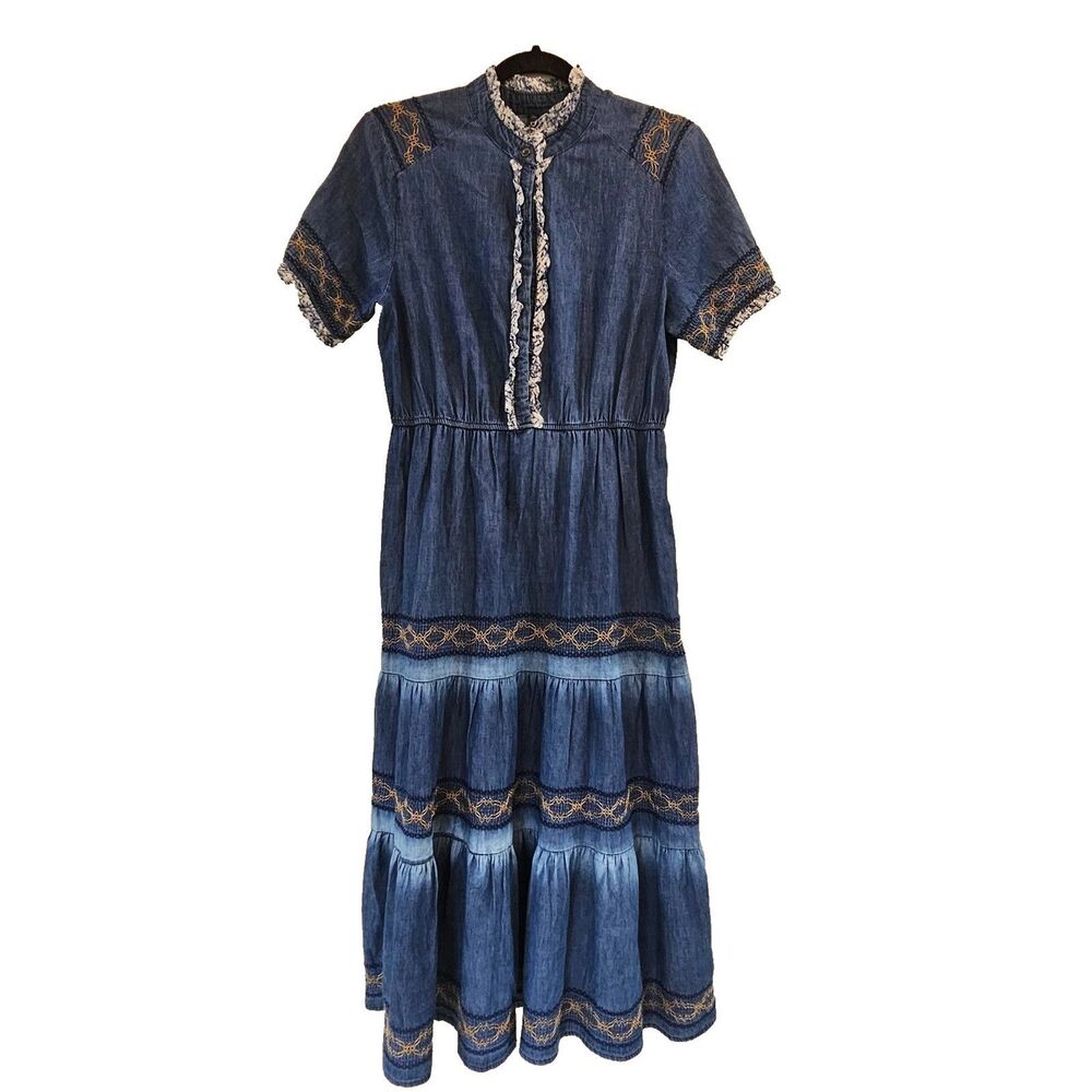 Lapis Anthropologie Blue Denim Dress Sz L Tiered Boho Cowgirl Prairie Western